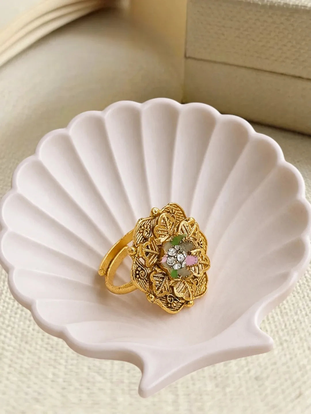 Gold Plated CZ Floral Adjustable Finger Ring