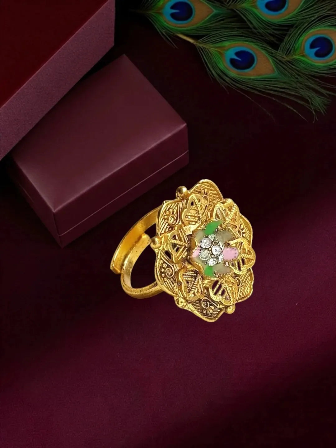 Gold Plated CZ Floral Adjustable Finger Ring