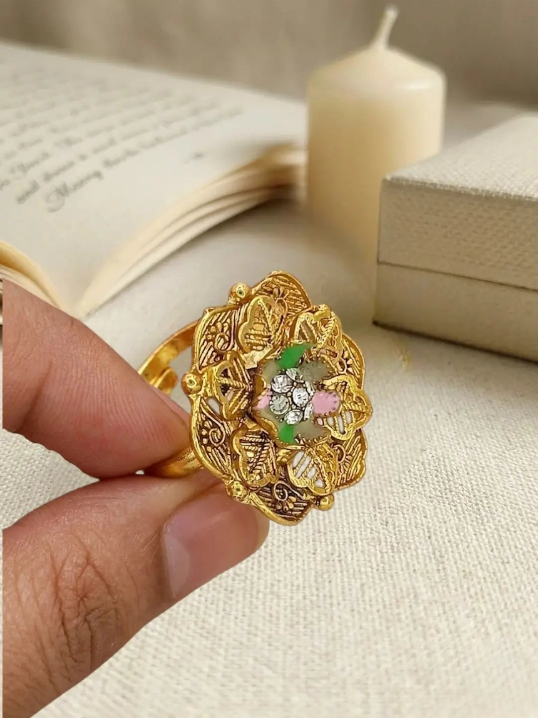 Gold Plated CZ Floral Adjustable Finger Ring