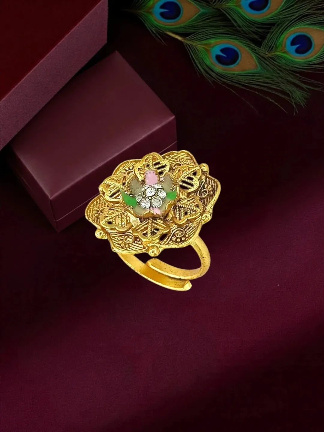 Gold Plated CZ Floral Adjustable Finger Ring
