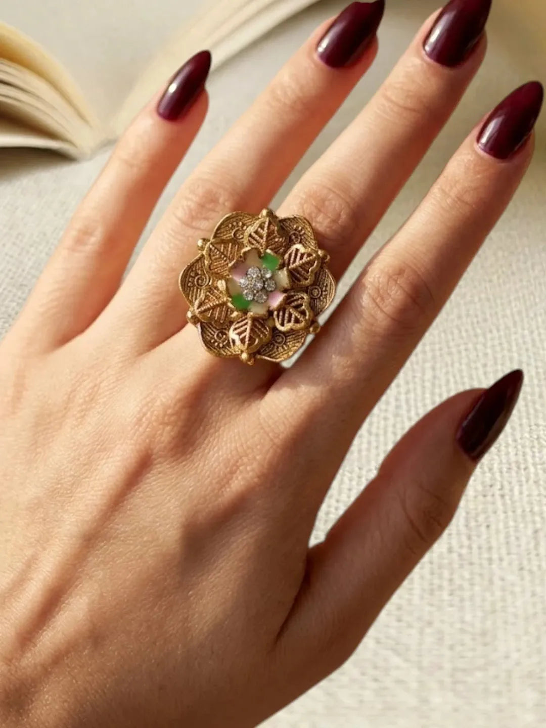Gold Plated CZ Floral Adjustable Finger Ring