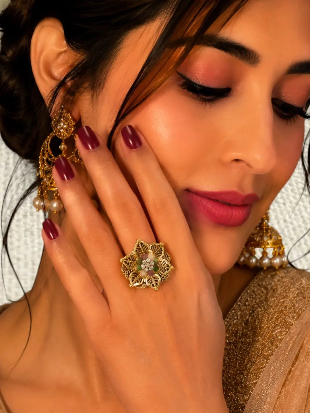 Gold Plated CZ Floral Adjustable Finger Ring