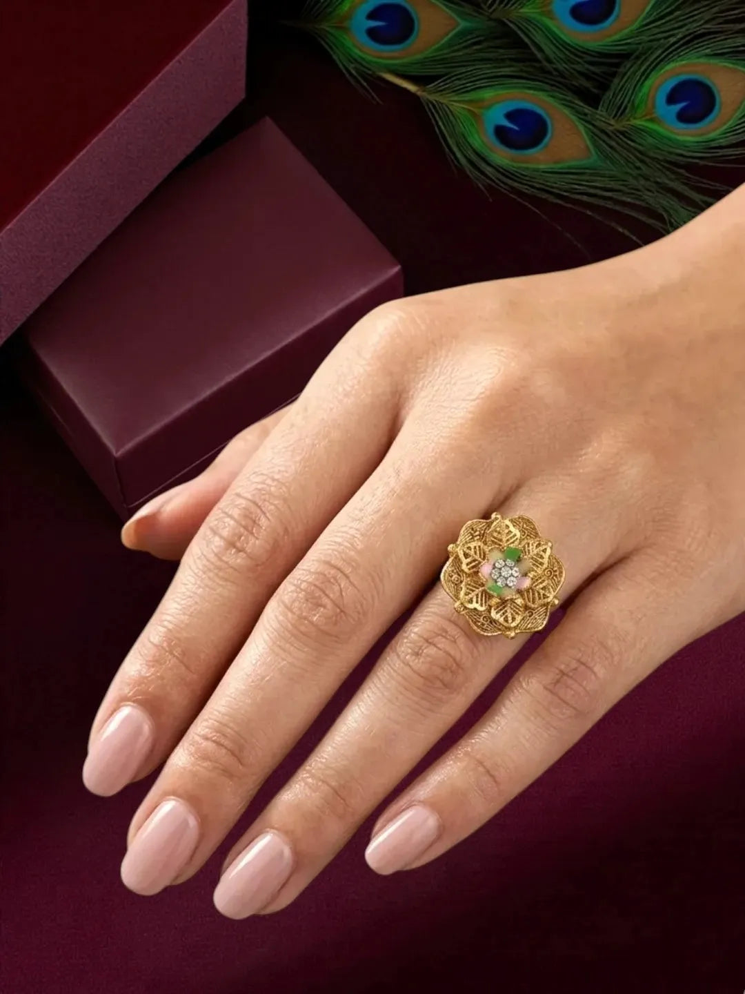 Gold Plated CZ Floral Adjustable Finger Ring