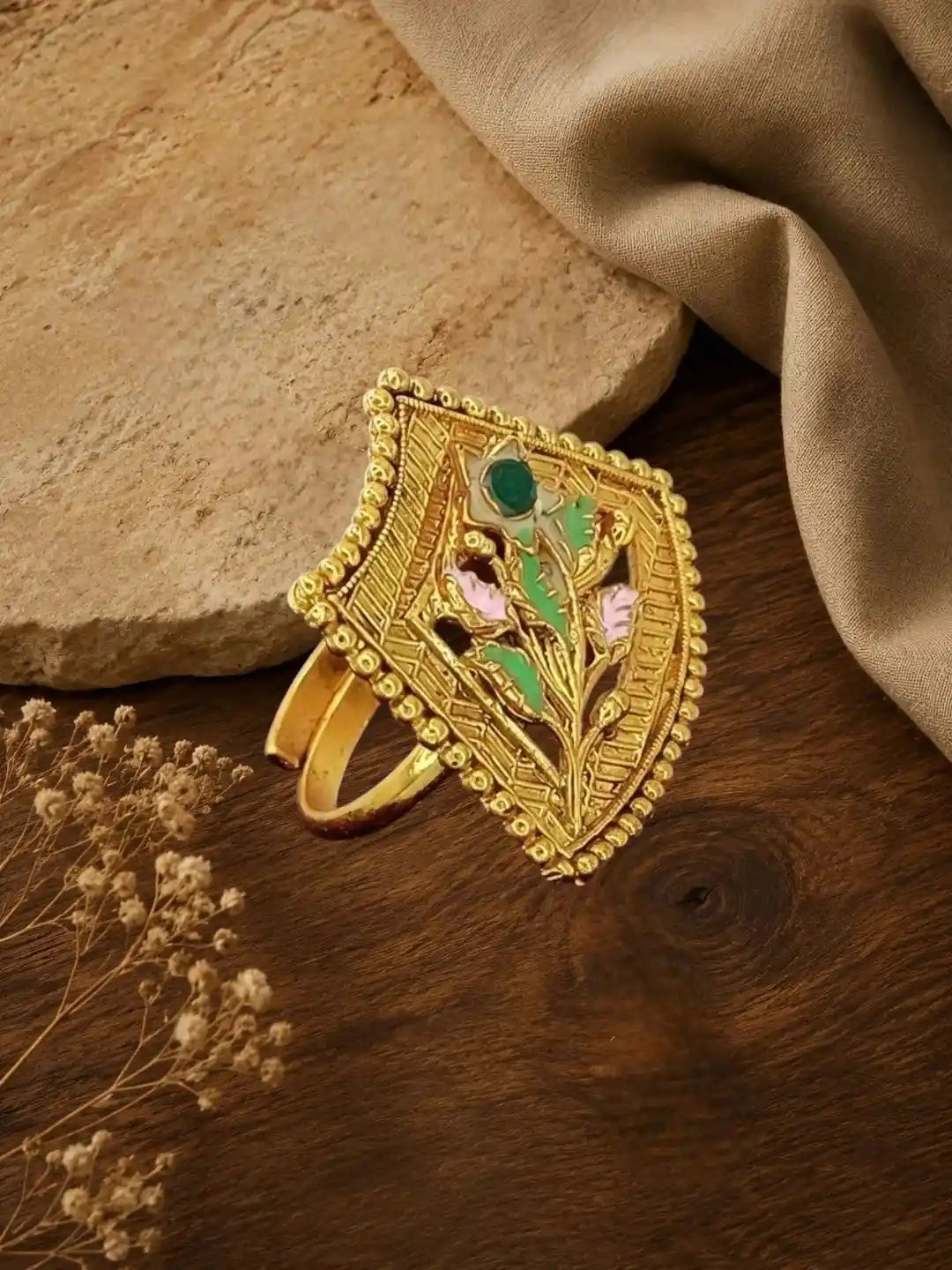 Gold Plated Meenakari Adjustable Finger Ring