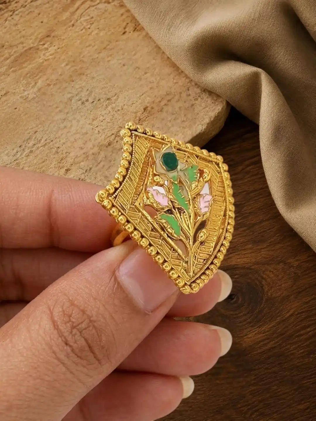 Gold Plated Meenakari Adjustable Finger Ring