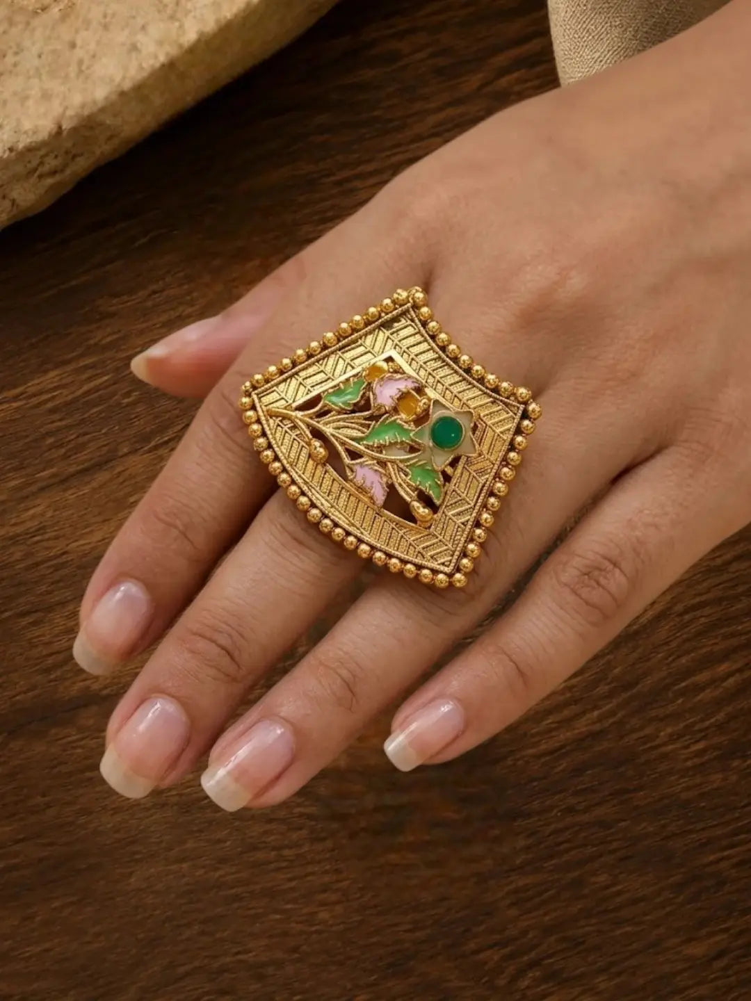 Gold Plated Meenakari Adjustable Finger Ring