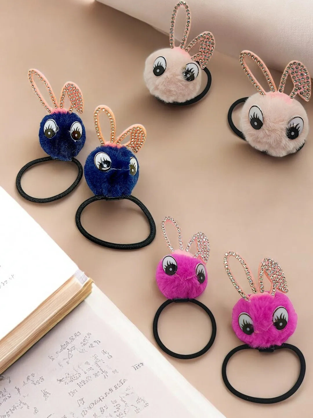 Set of 6 Black & Pink Fur Ponytail Holders