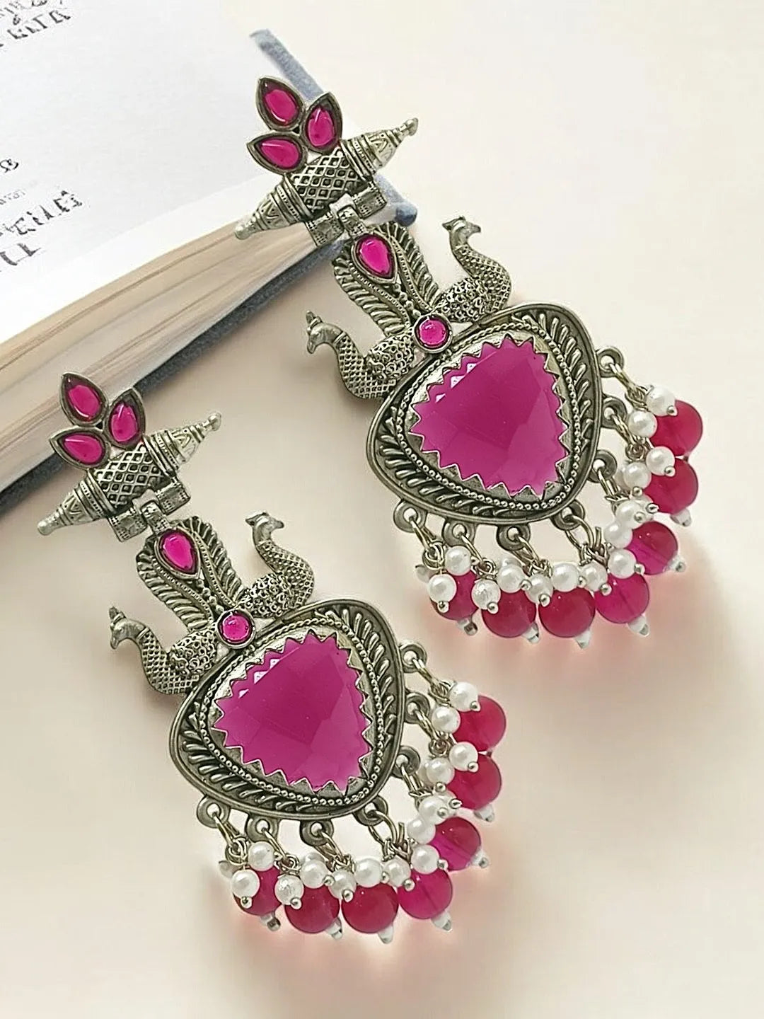 Silver Plated Peacock Style Beaded Drop Earrings