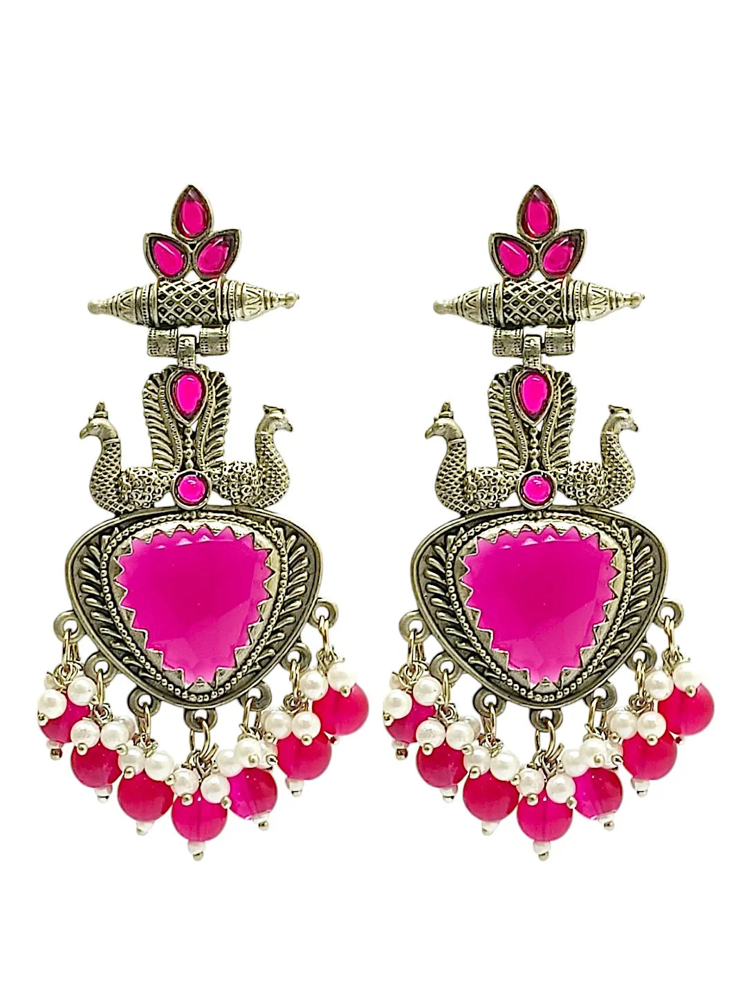 Silver Plated Peacock Style Beaded Drop Earrings