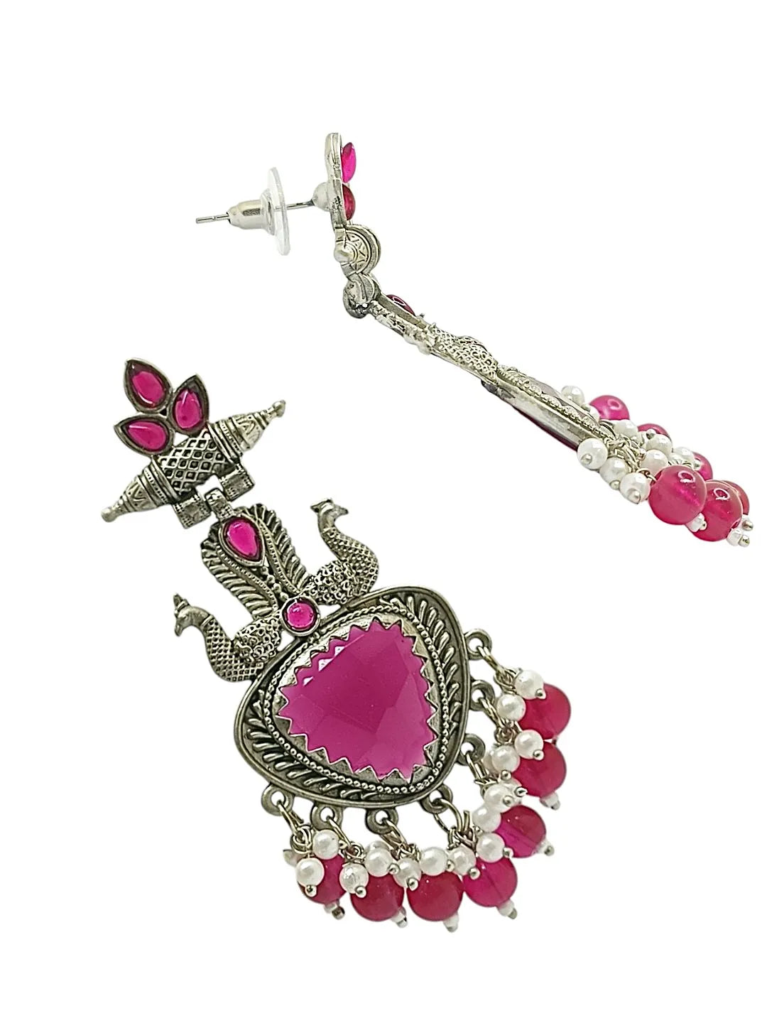 Silver Plated Peacock Style Beaded Drop Earrings