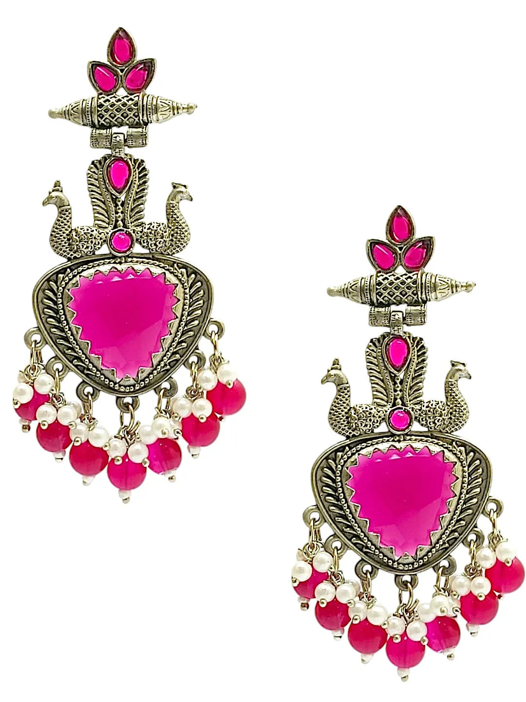 Silver Plated Peacock Style Beaded Drop Earrings