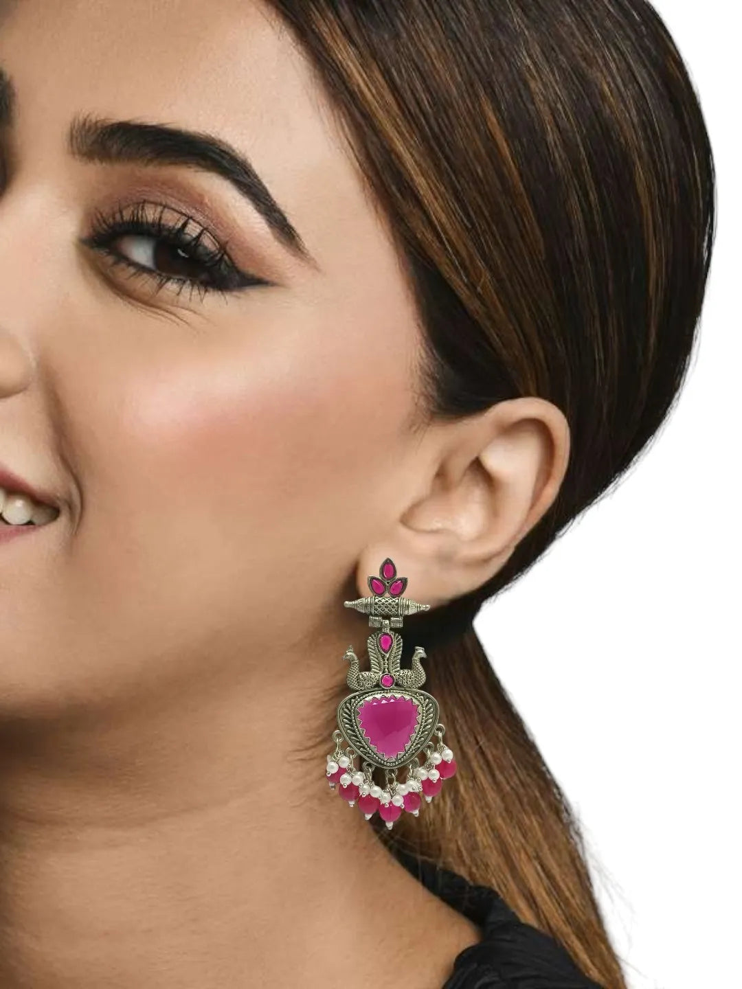 Silver Plated Peacock Style Beaded Drop Earrings