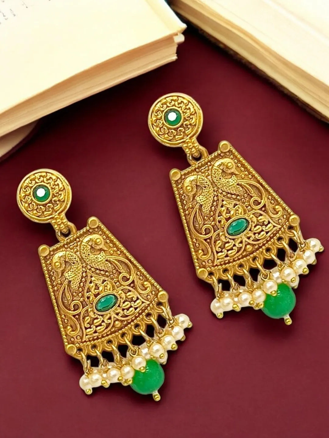 Gold Plated Green Stone-Studded & Beaded Drop Earrings