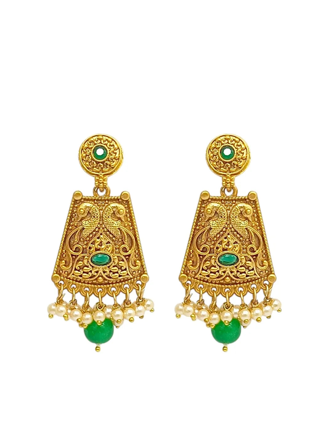 Gold Plated Green Stone-Studded & Beaded Drop Earrings