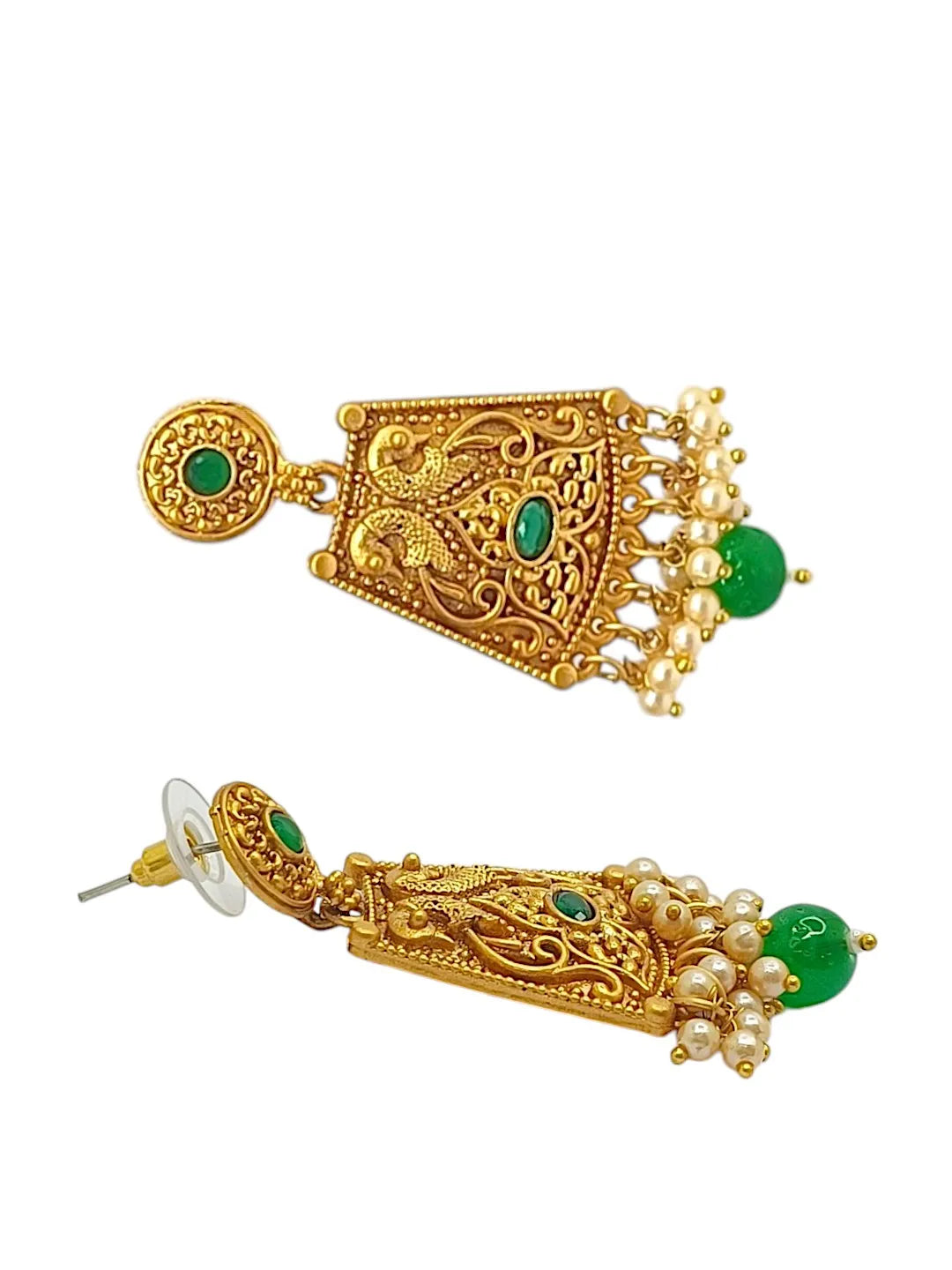Gold Plated Green Stone-Studded & Beaded Drop Earrings