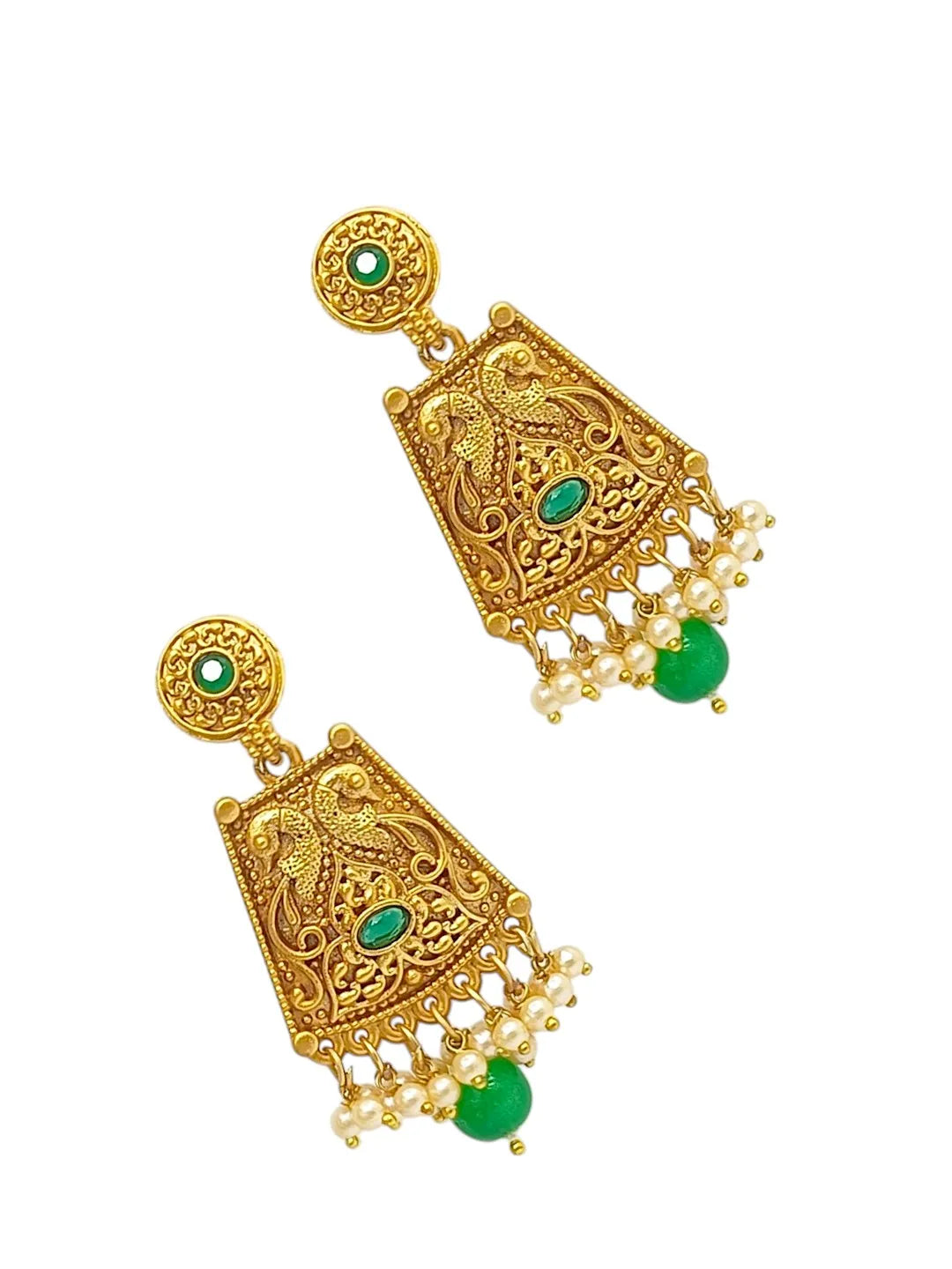 Gold Plated Green Stone-Studded & Beaded Drop Earrings