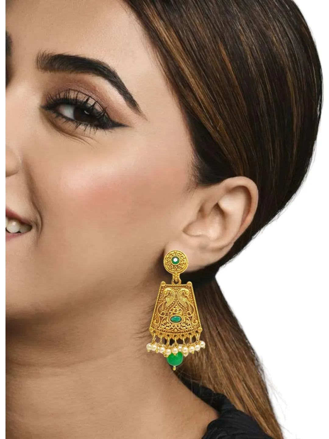 Gold Plated Green Stone-Studded & Beaded Drop Earrings