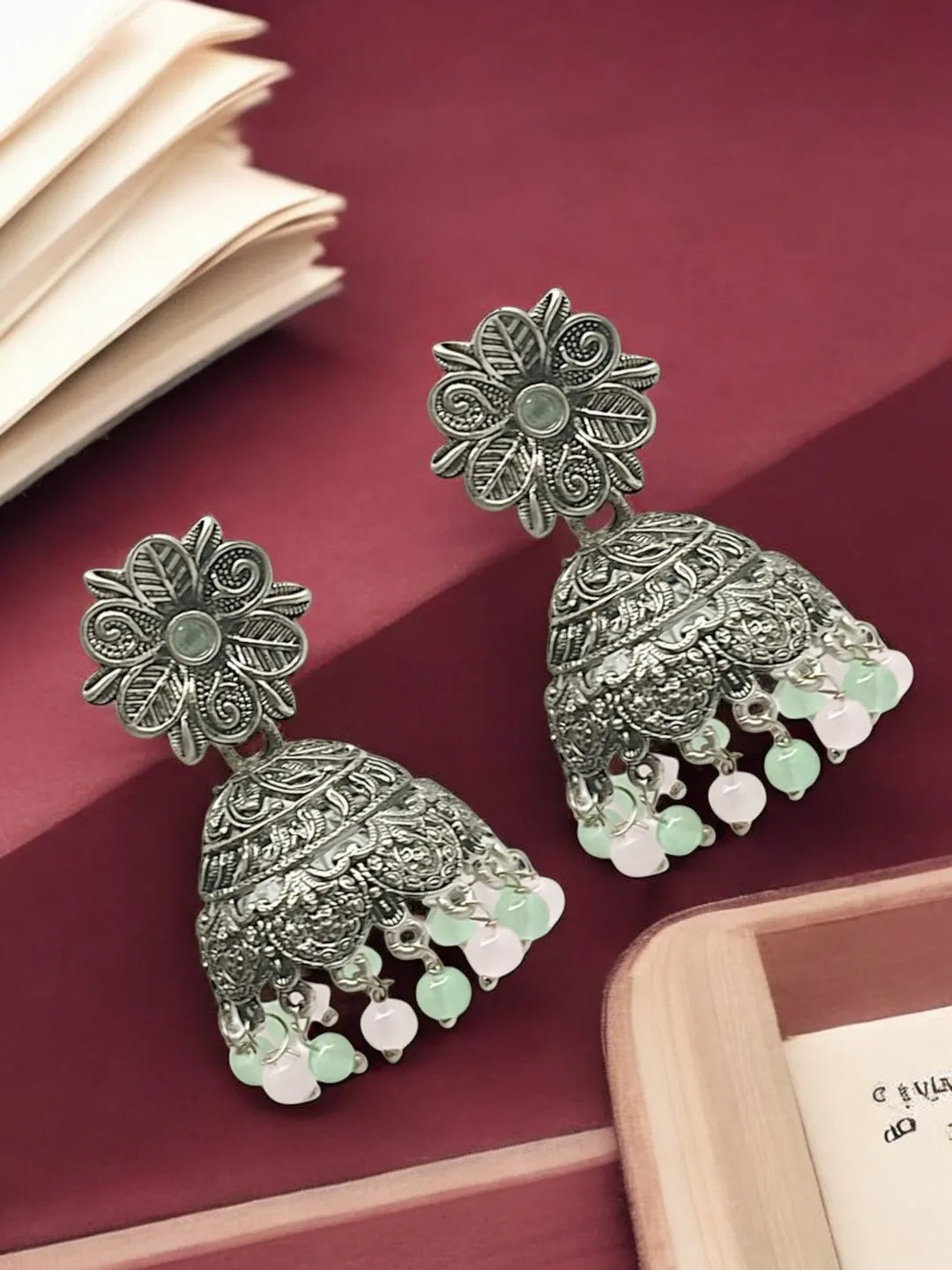 Silver Plated Jhumka with Color Beads