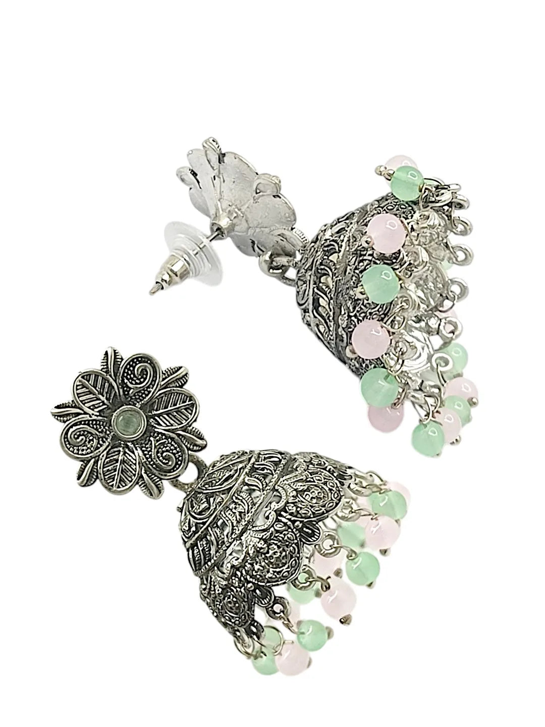 Silver Plated Jhumka with Color Beads