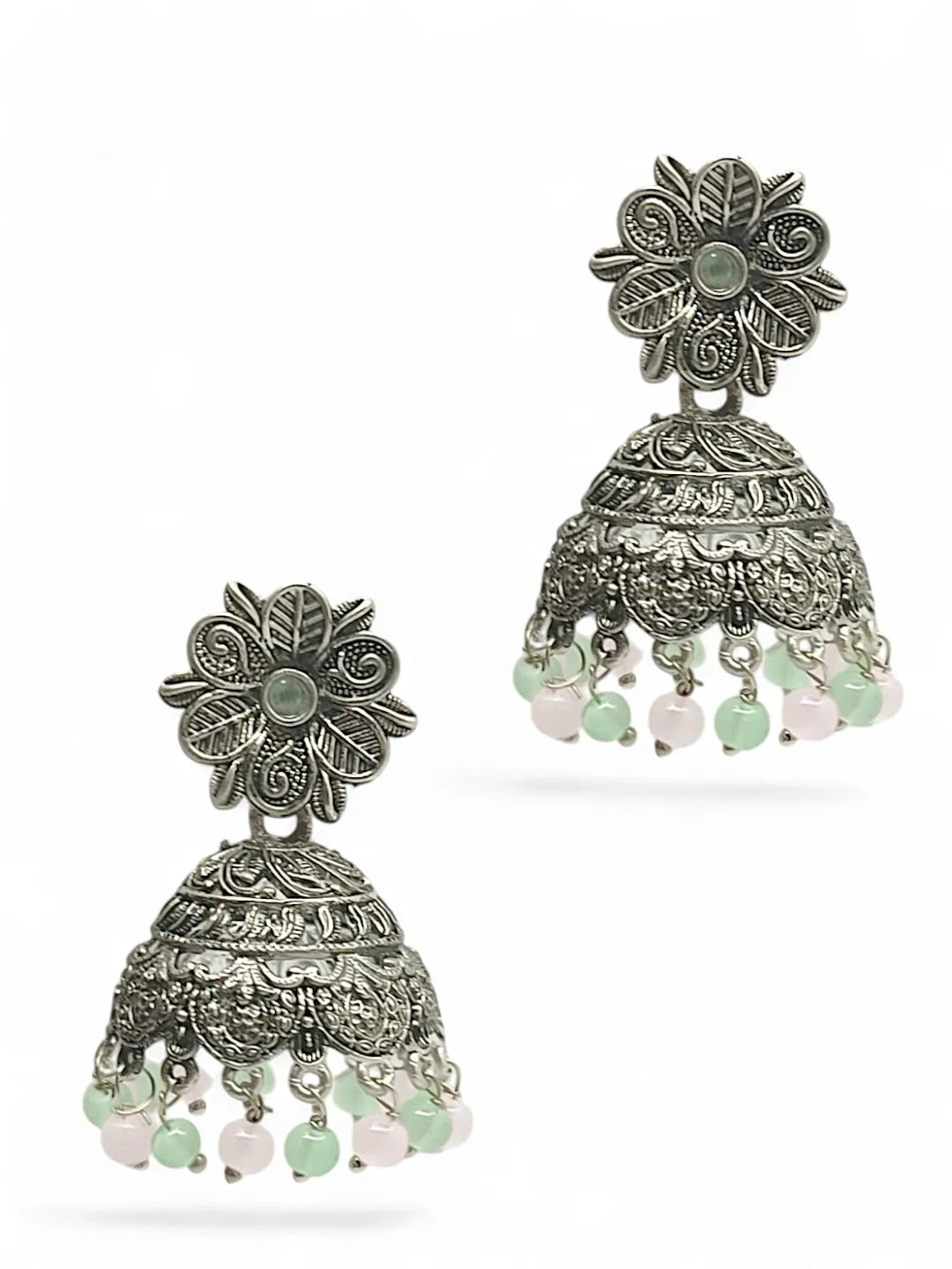 Silver Plated Jhumka with Color Beads