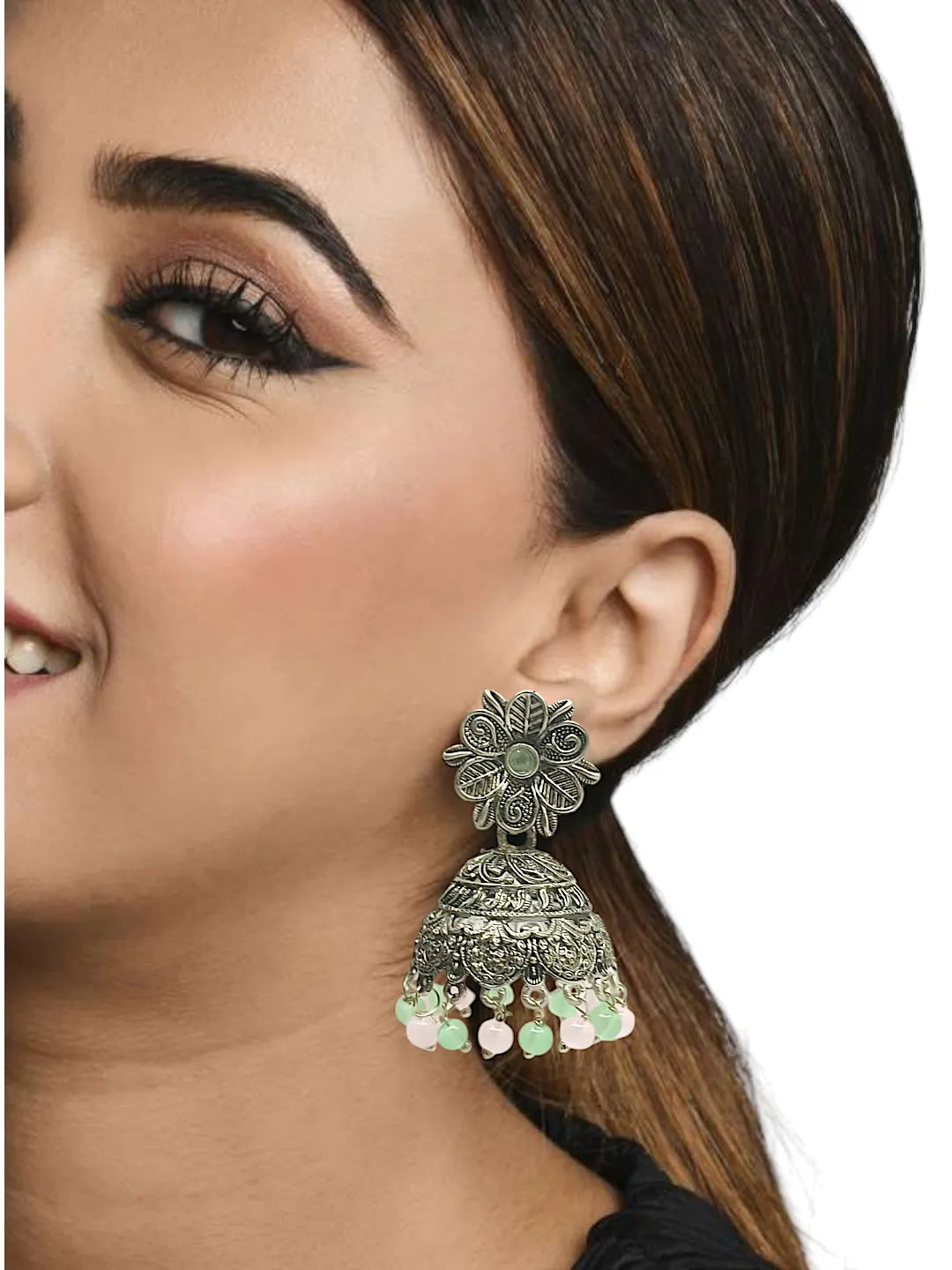 Silver Plated Jhumka with Color Beads
