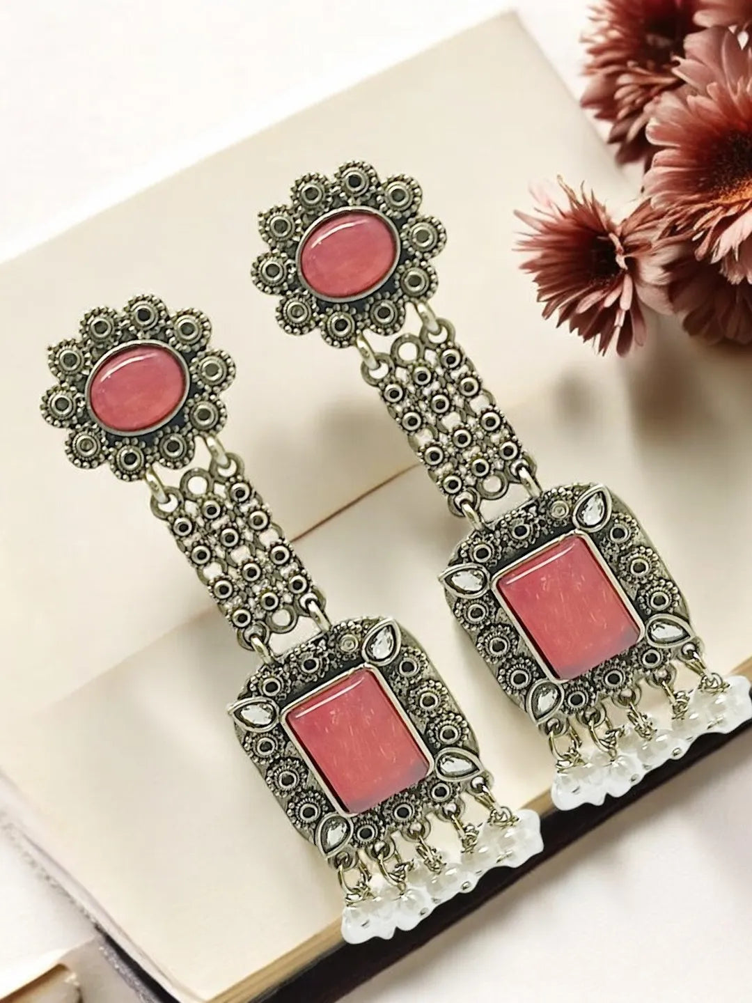 Silver Plated Pink Stone Classic Drop Earrings