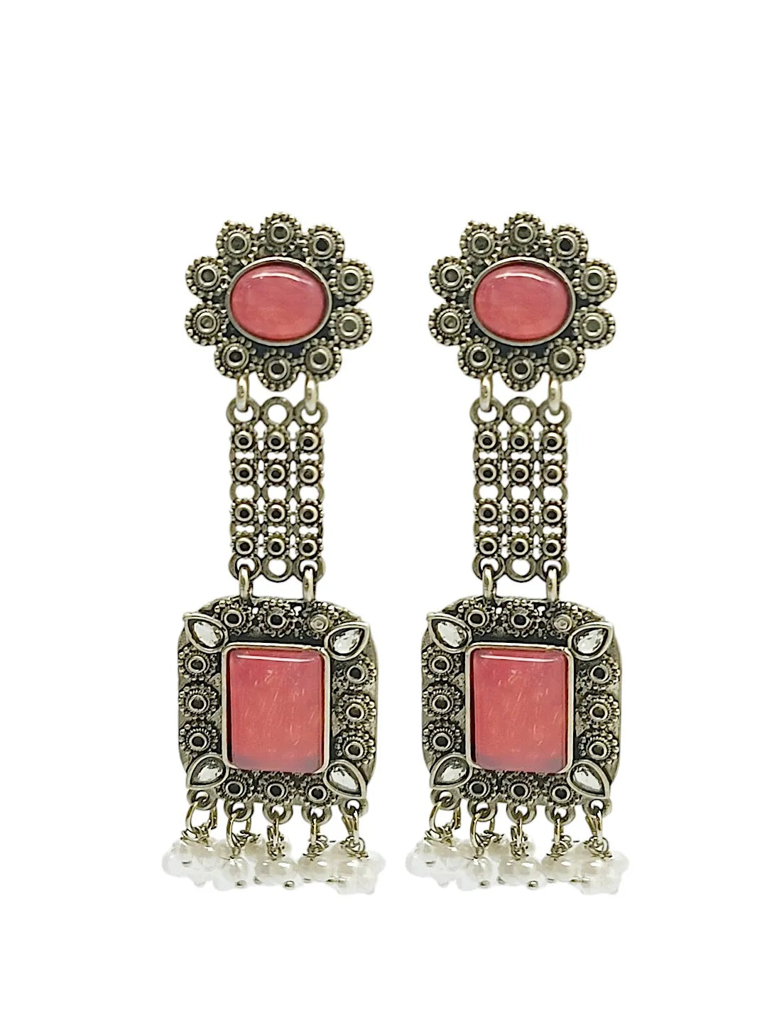 Silver Plated Pink Stone Classic Drop Earrings