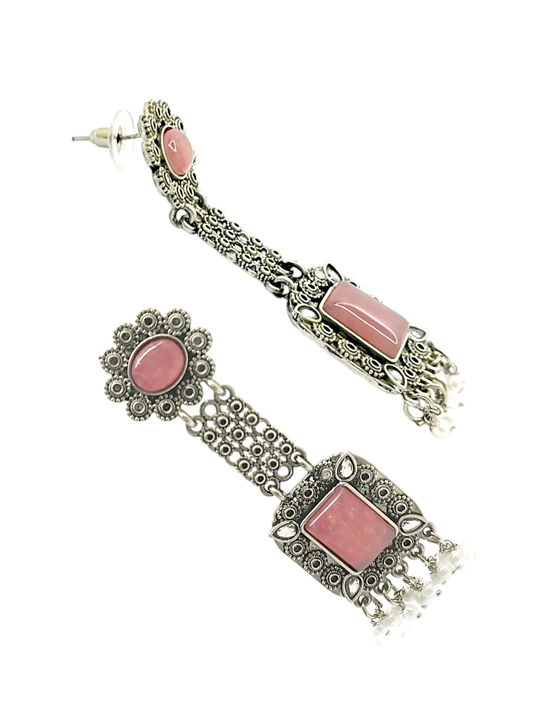 Silver Plated Pink Stone Classic Drop Earrings