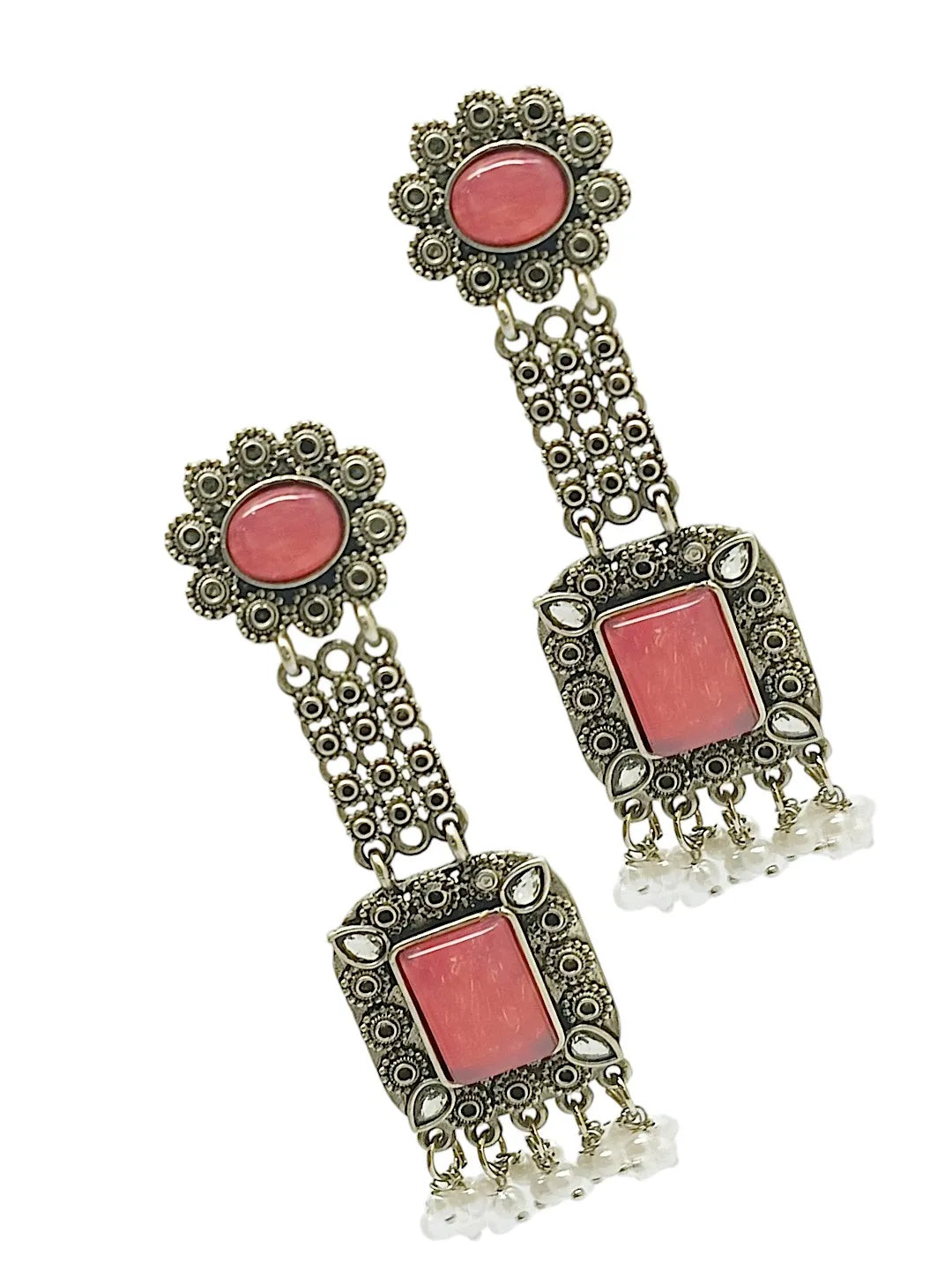 Silver Plated Pink Stone Classic Drop Earrings