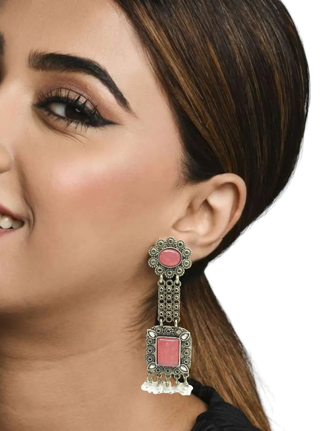 Silver Plated Pink Stone Classic Drop Earrings