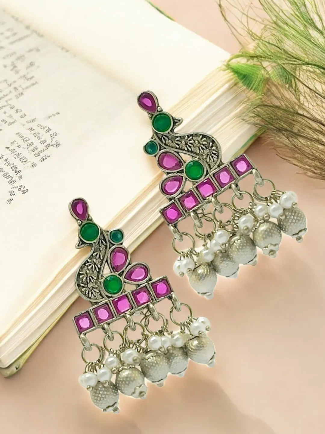 Silver Plated Peacock Shaped Drop Earrings