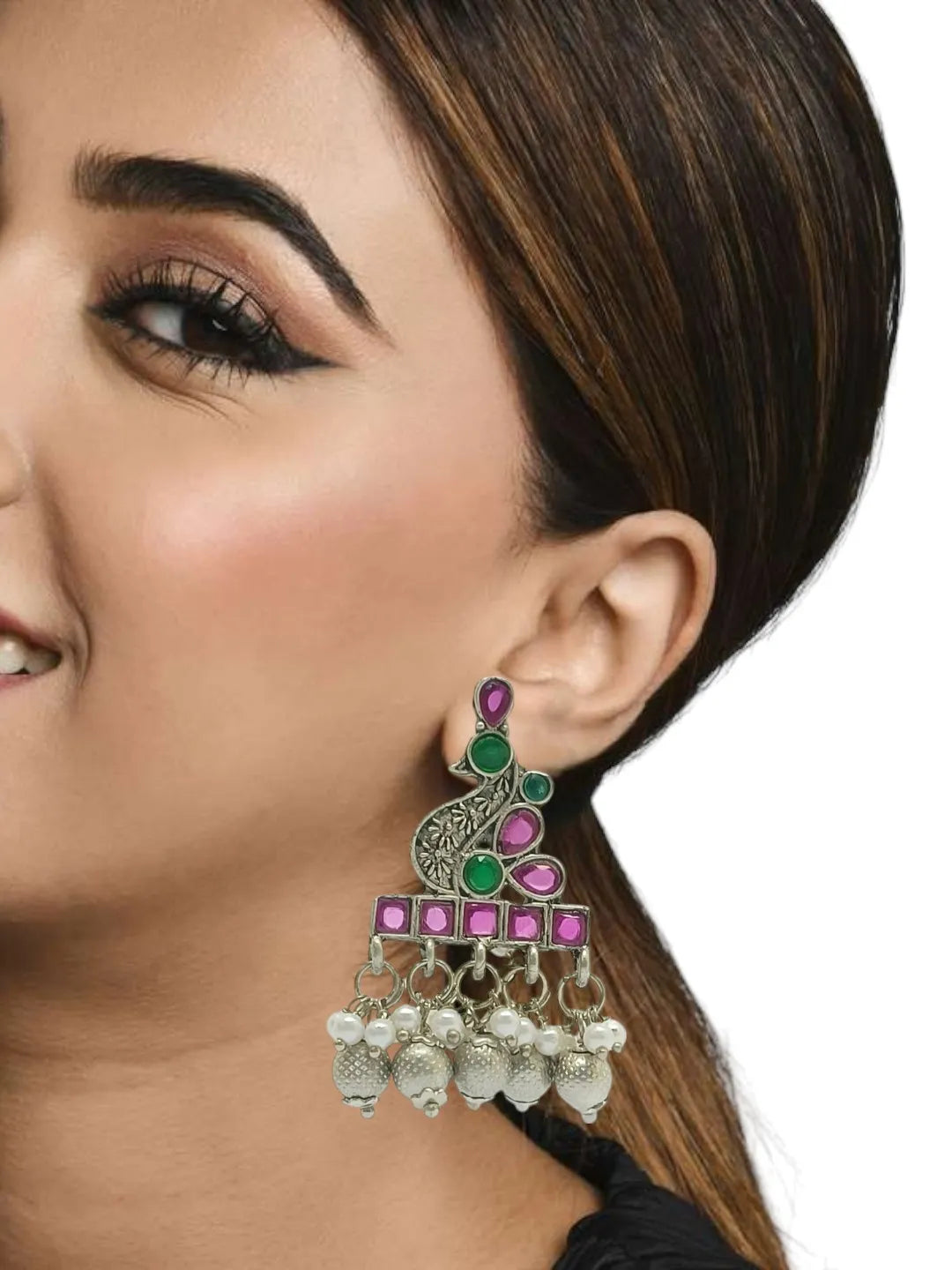 Silver Plated Peacock Shaped Drop Earrings
