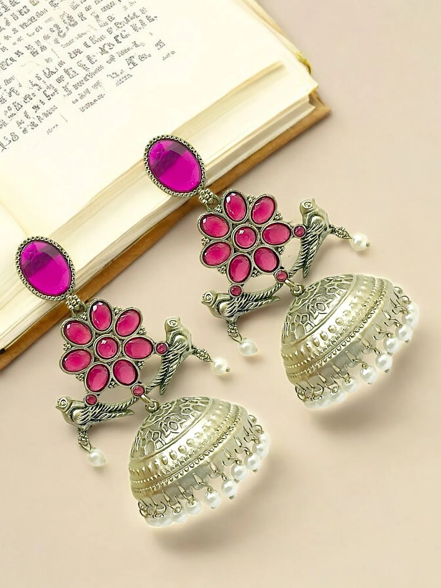 Silver Plated Pink Stone Jhumka Earrings