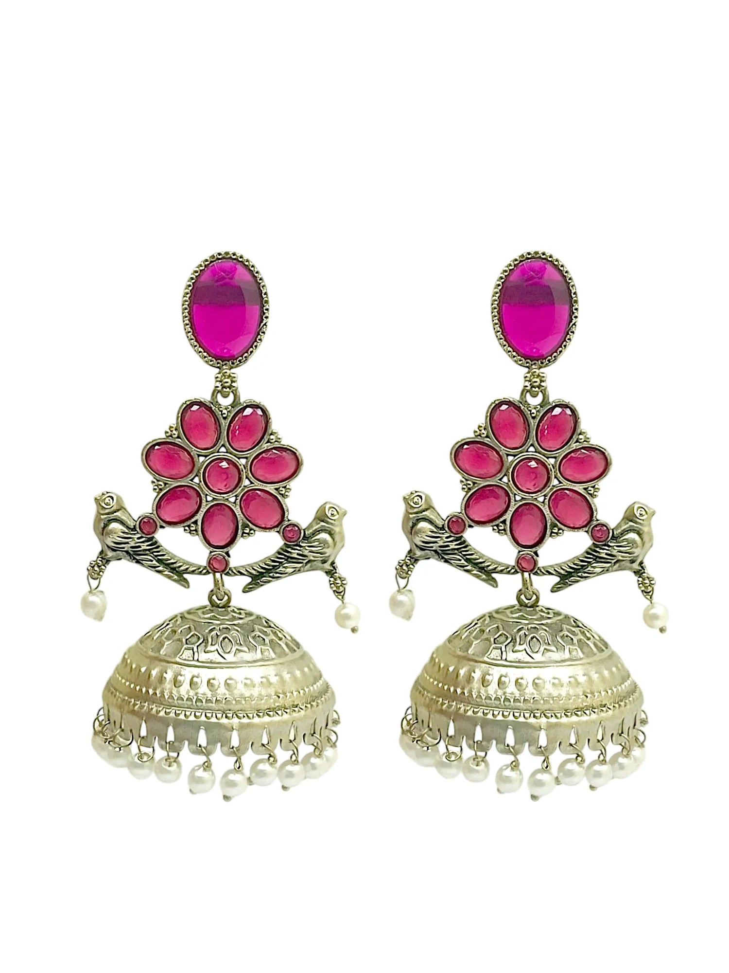Silver Plated Pink Stone Jhumka Earrings