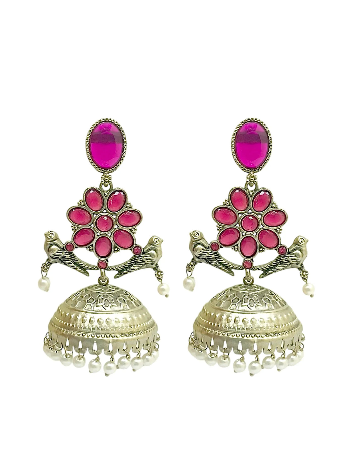 Silver Plated Pink Stone Jhumka Earrings