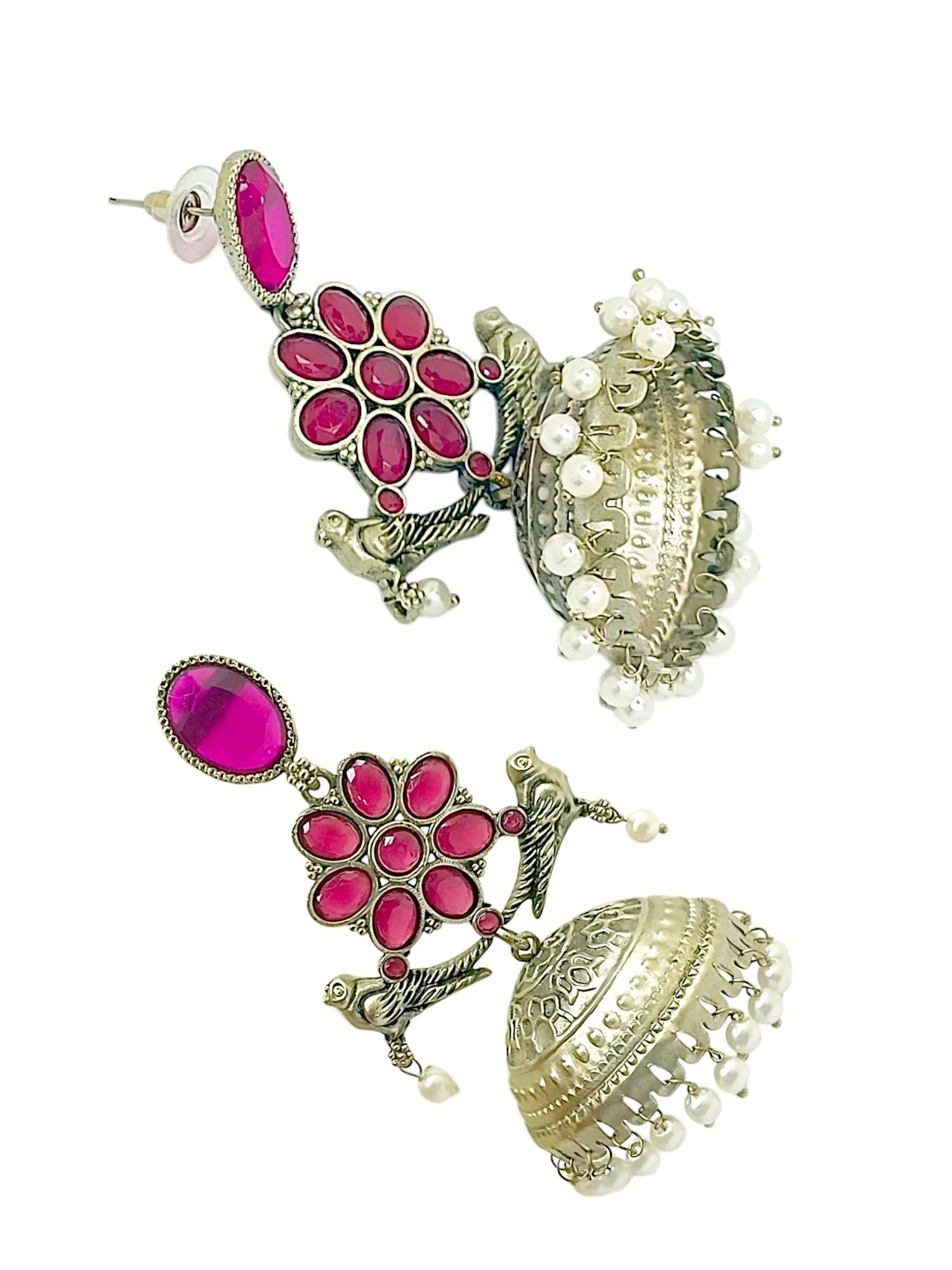Silver Plated Pink Stone Jhumka Earrings