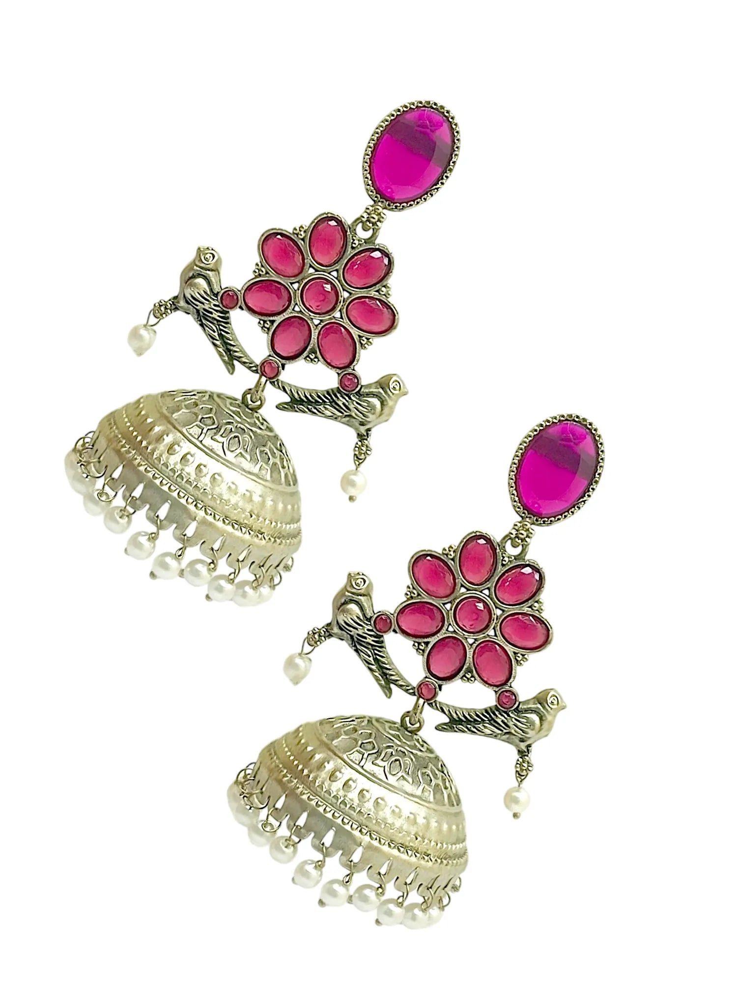Silver Plated Pink Stone Jhumka Earrings
