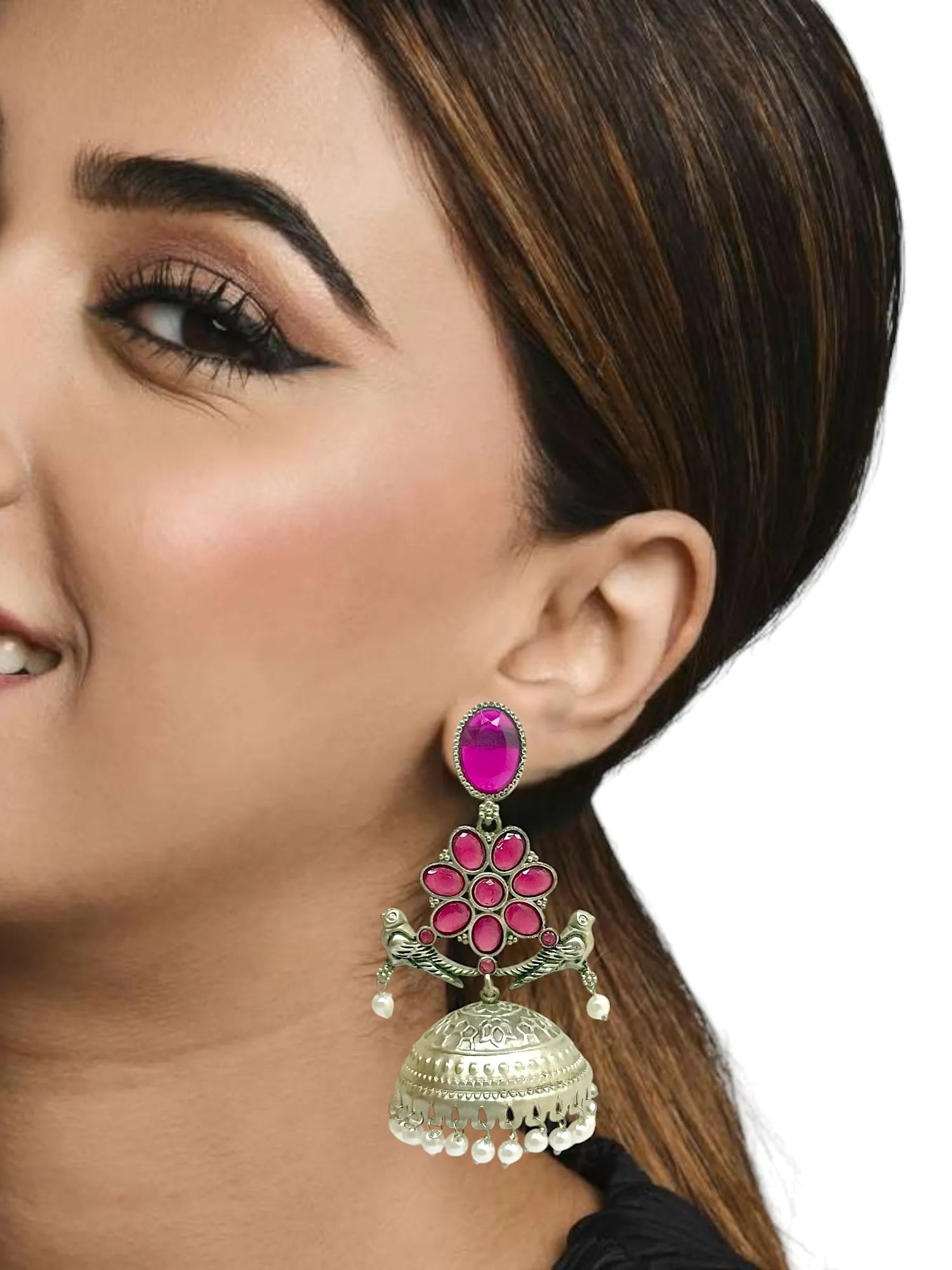 Silver Plated Pink Stone Jhumka Earrings