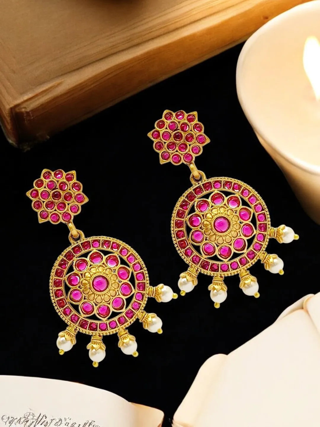 Gold Plated Kundan Pink Stone Studded Drop Earrings