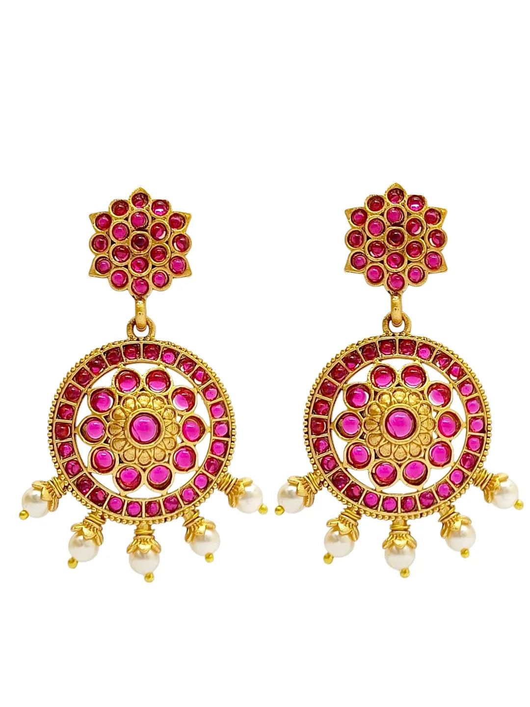 Gold Plated Kundan Pink Stone Studded Drop Earrings