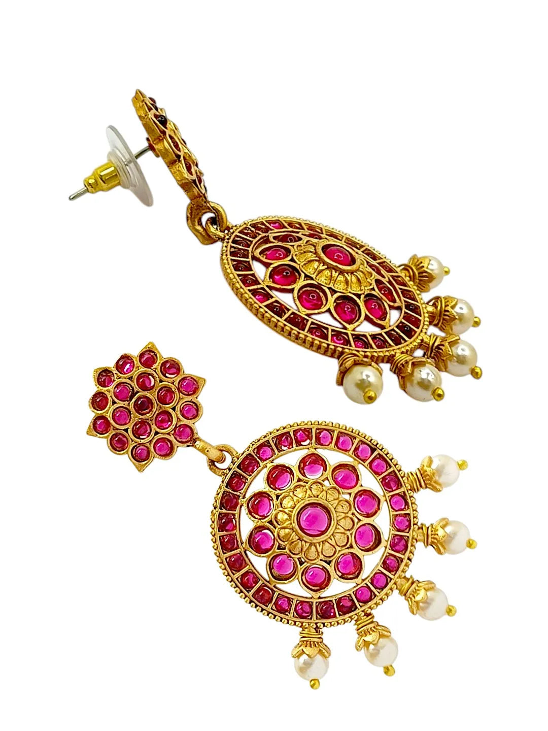 Gold Plated Kundan Pink Stone Studded Drop Earrings