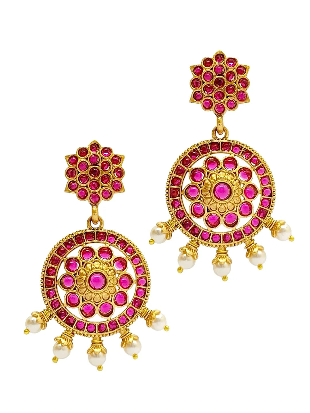Gold Plated Kundan Pink Stone Studded Drop Earrings