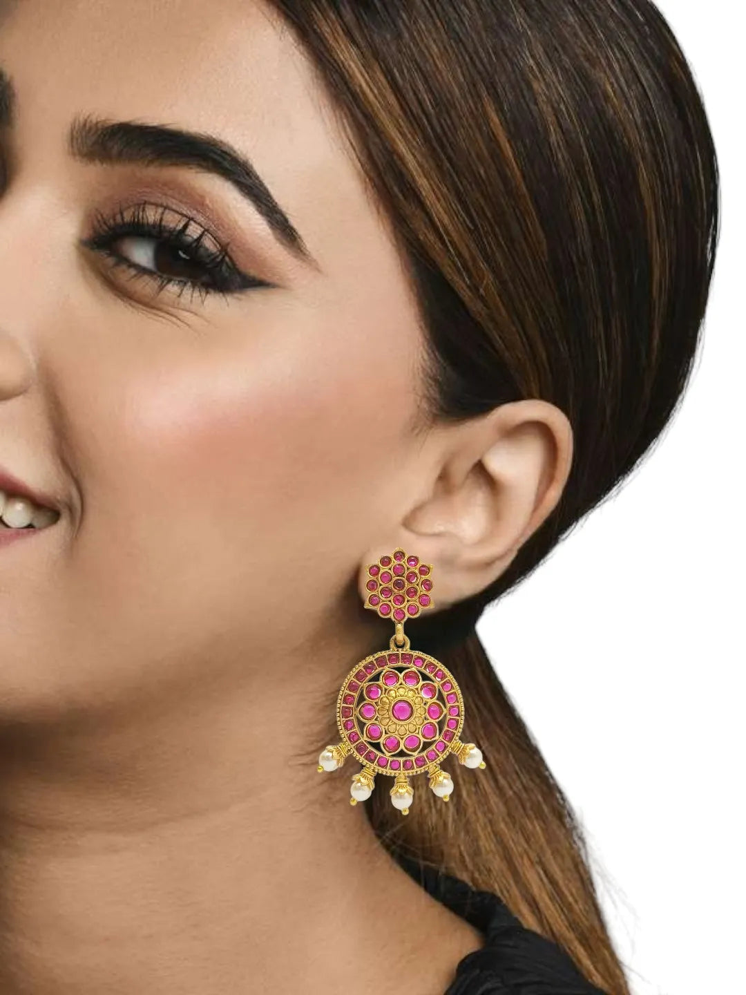 Gold Plated Kundan Pink Stone Studded Drop Earrings