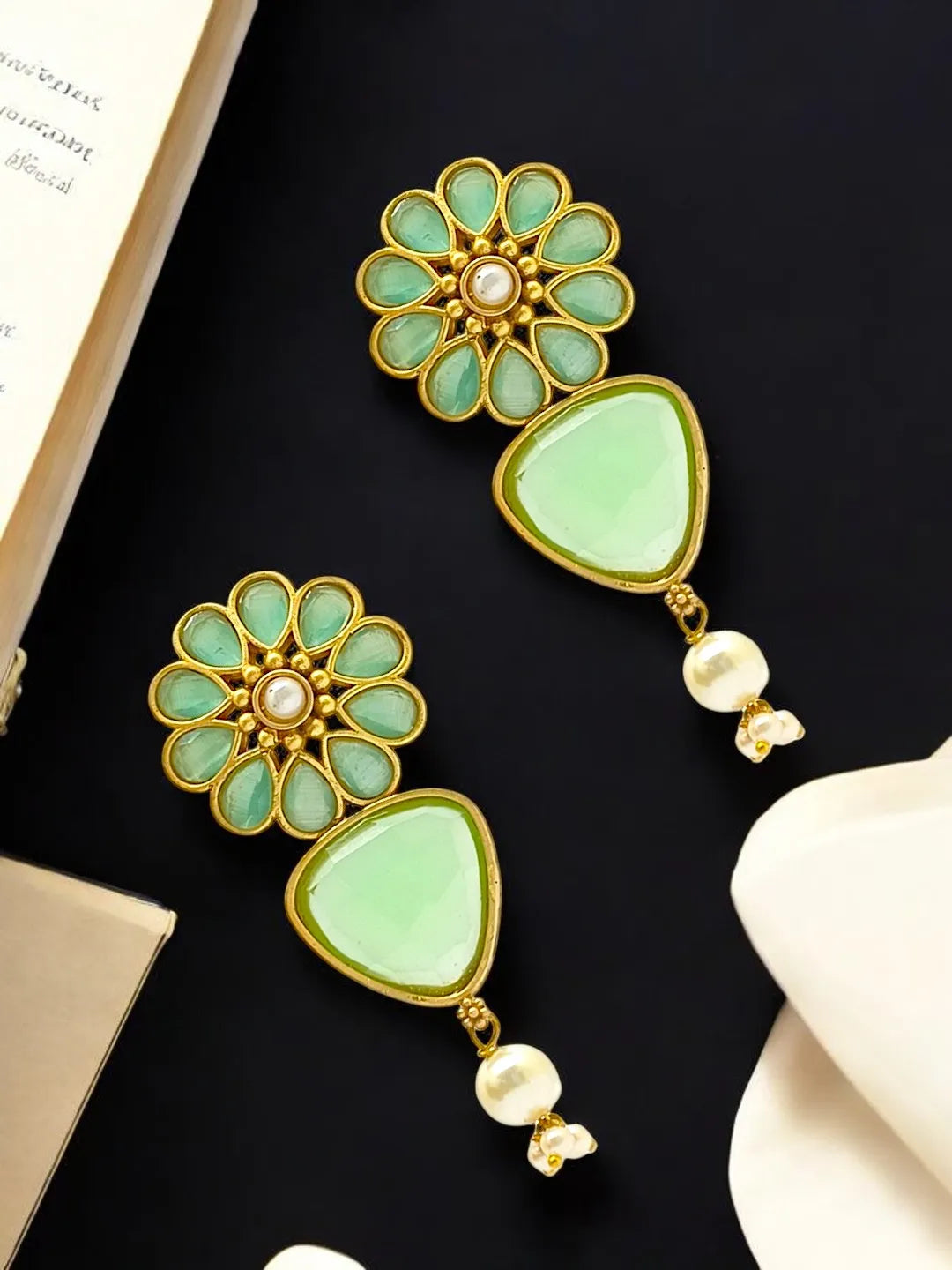Gold Plated Mint Stone-Studded & Beaded Contemporary Drop Earrings