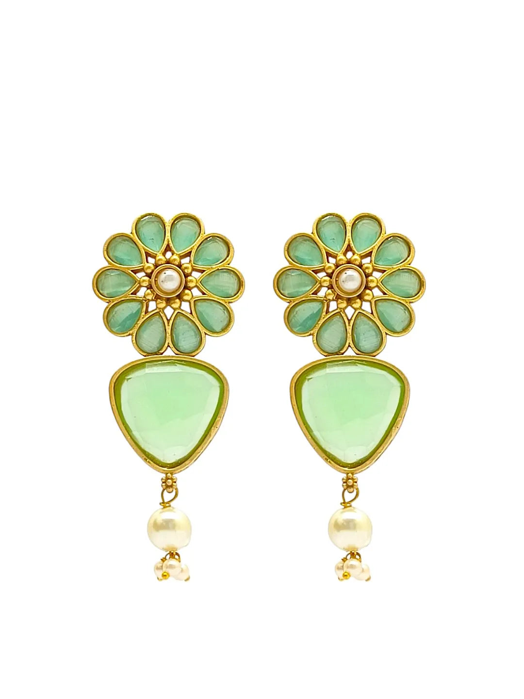 Gold Plated Mint Stone-Studded & Beaded Contemporary Drop Earrings