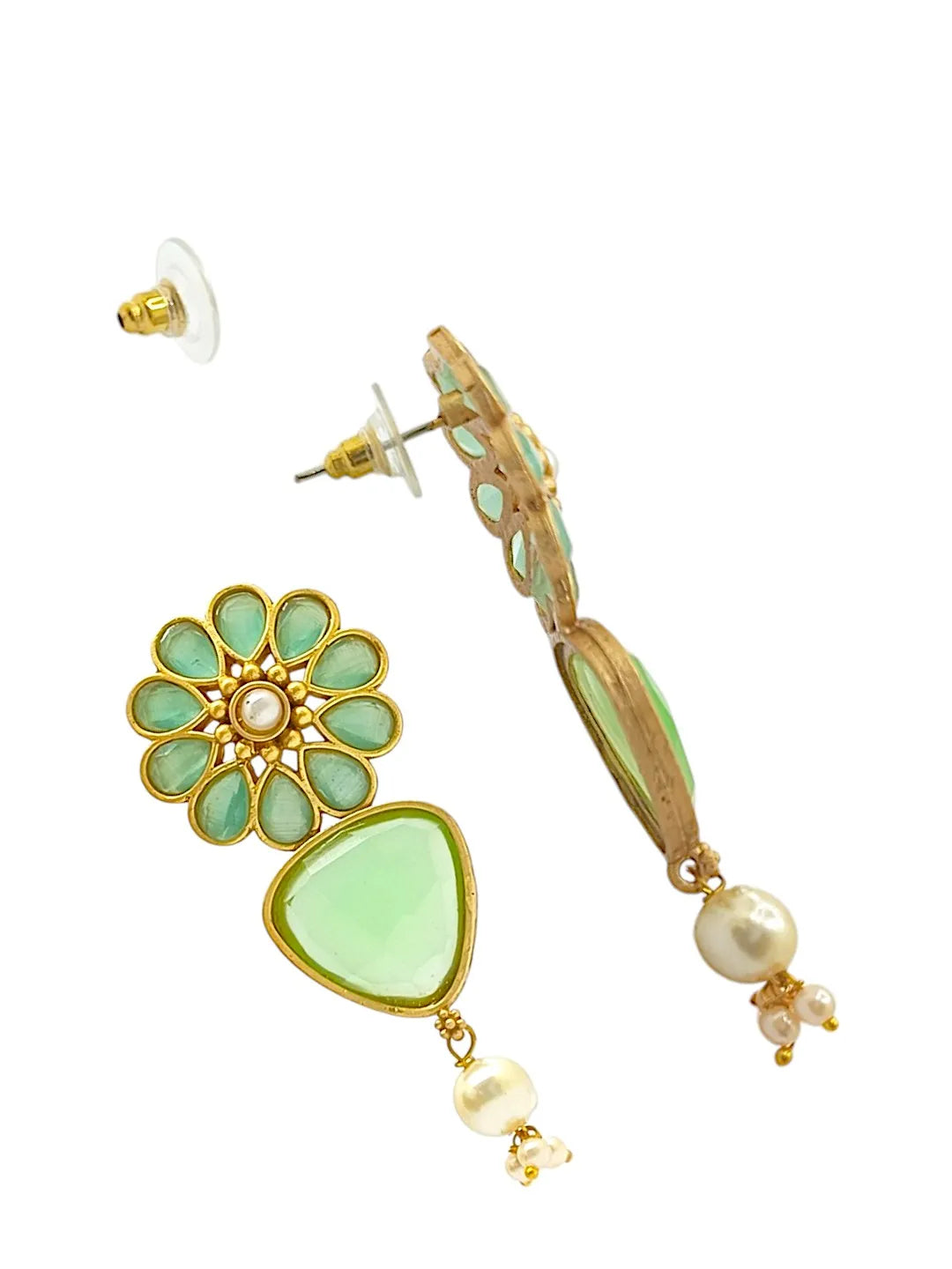 Gold Plated Mint Stone-Studded & Beaded Contemporary Drop Earrings