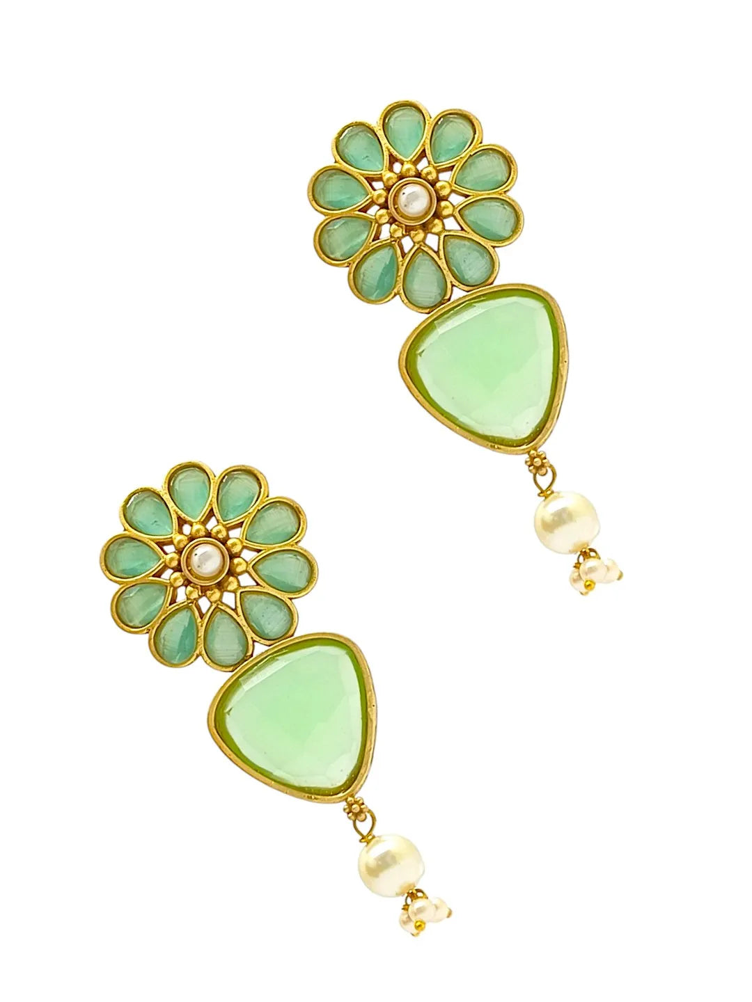Gold Plated Mint Stone-Studded & Beaded Contemporary Drop Earrings