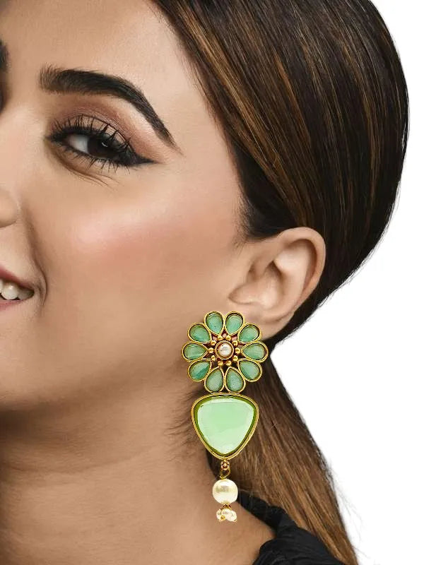Gold Plated Mint Stone-Studded & Beaded Contemporary Drop Earrings