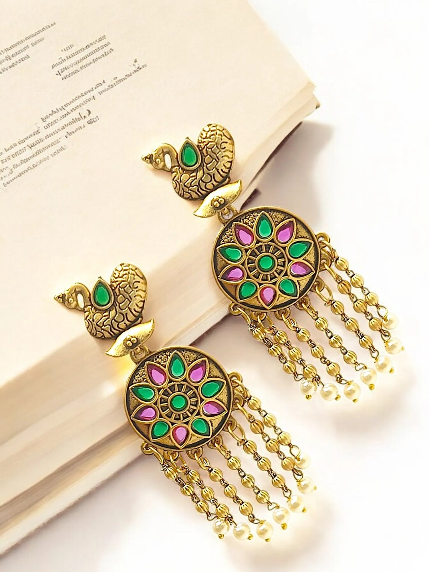 Gold Plated Stone-Studded Peacock Design Drop Earrings