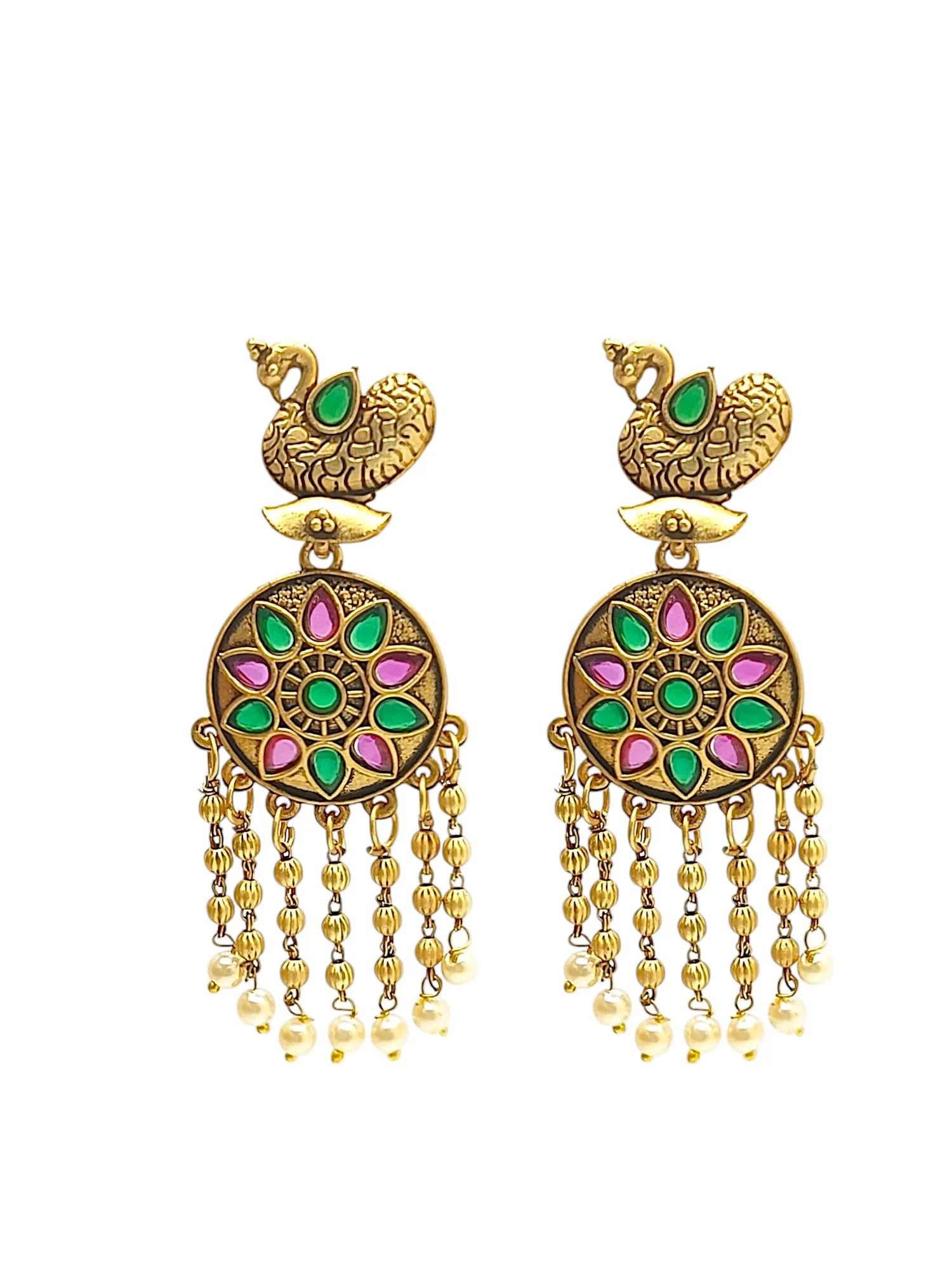 Gold Plated Stone-Studded Peacock Design Drop Earrings